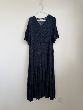 Women's Navy Floral Tiered Maxi Dress - Elegant Short Sleeve